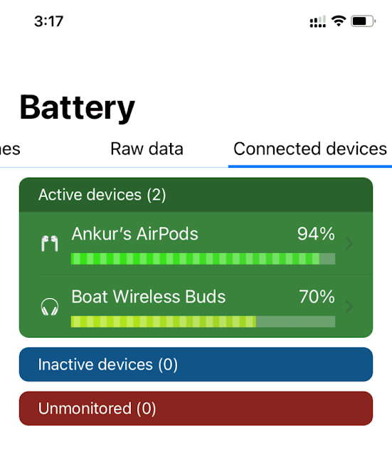 يعرض تطبيق Battery Life النسبة المئوية لبطارية الأجهزة المتصلة على iPhone