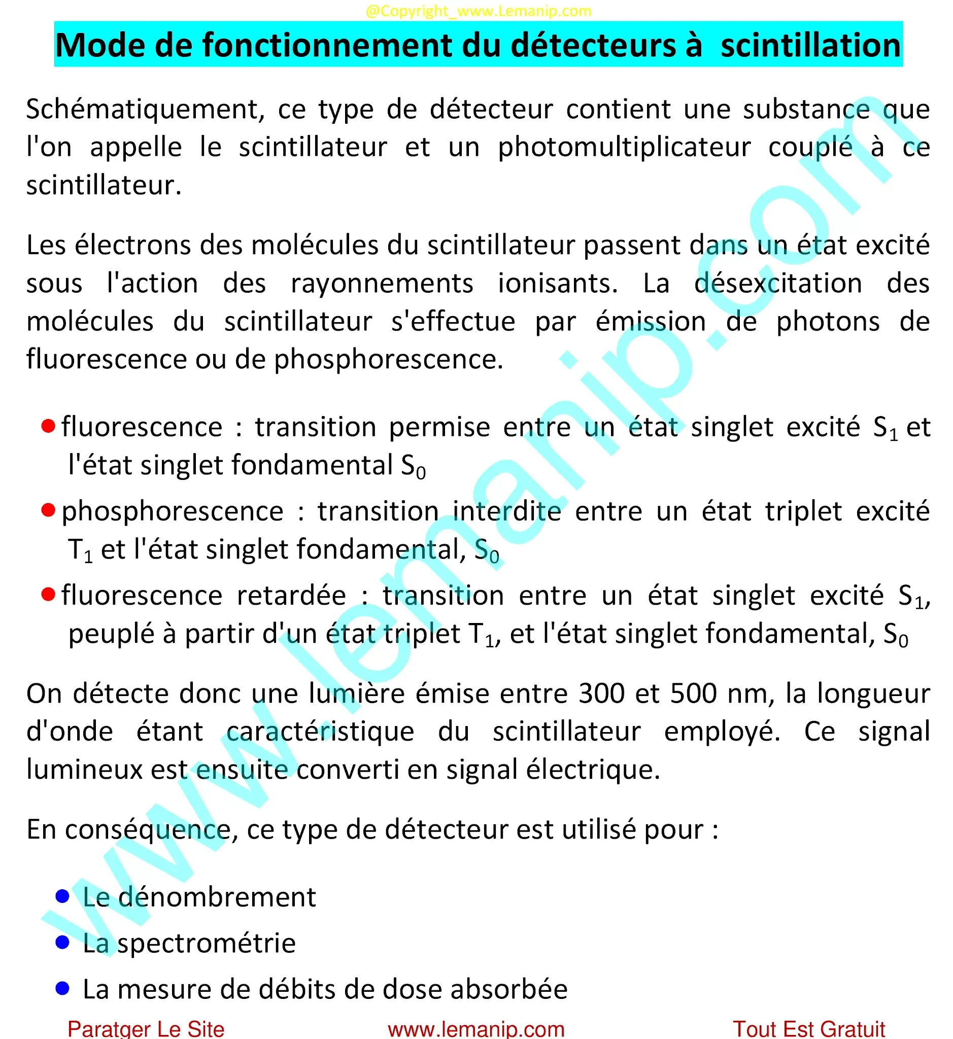 Mode de fonctionnement du détecteurs à scintillation