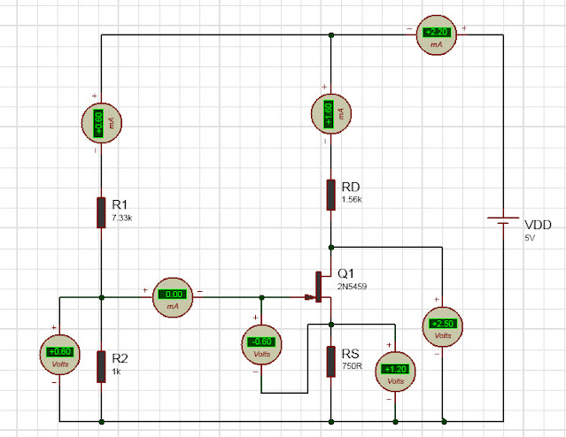 simulated circuit diagram of voltage divider bias JFET