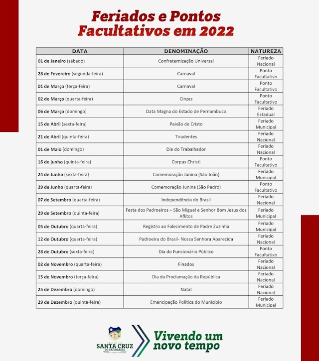 Prefeitura divulga calendário com feriados e pontos facultativos de 2022 em Santa Cruz do Capibaribe