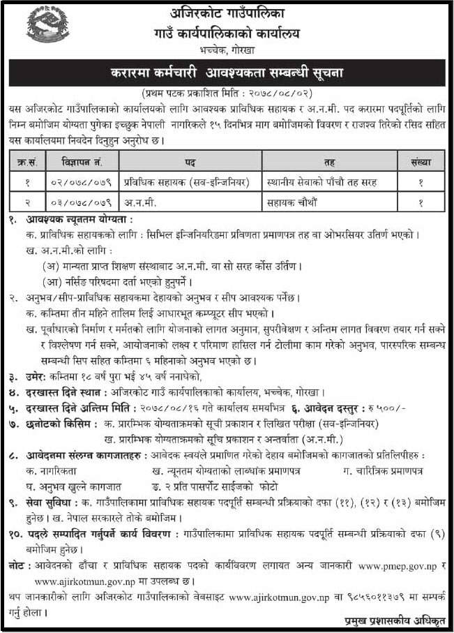 Ajirkot Rural Municipality Vacancy for Prabidhik Sahayak and ANM