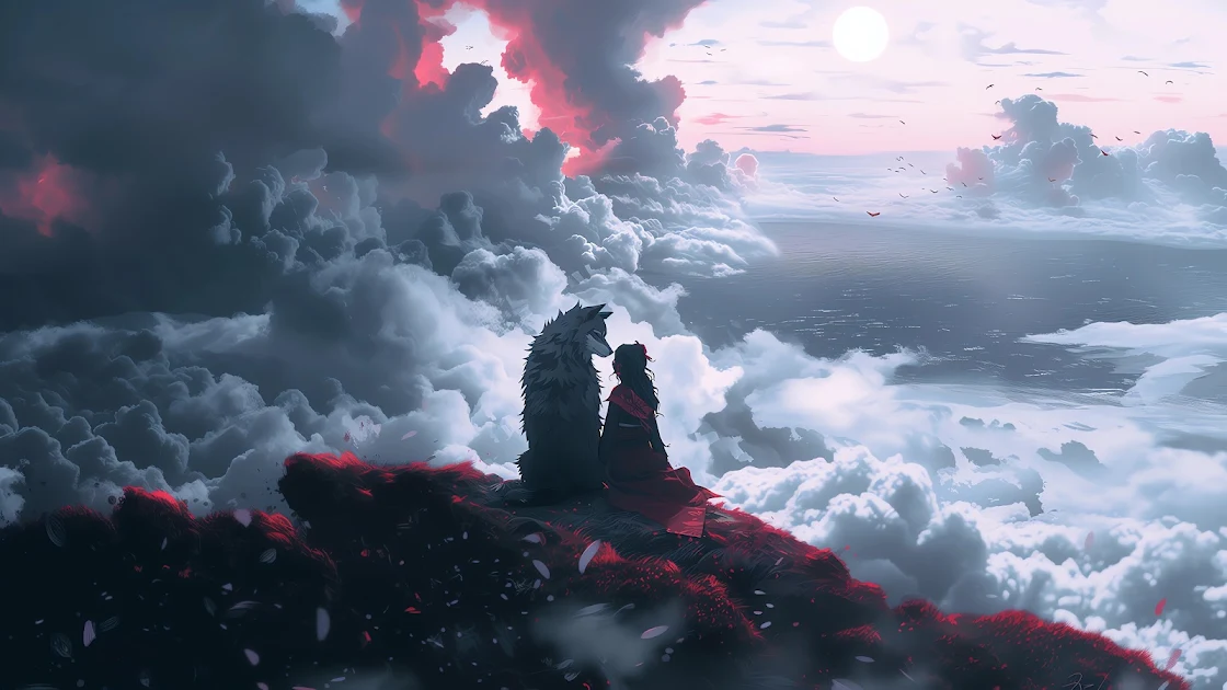 A serene 4K PC wallpaper capturing a woman and a wolf sitting atop a hill surrounded by clouds under a twilight sky. this is a toplist wallpaper