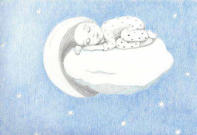Golden moon sleeping on cloud illustration art illustratsioon pencil drawing