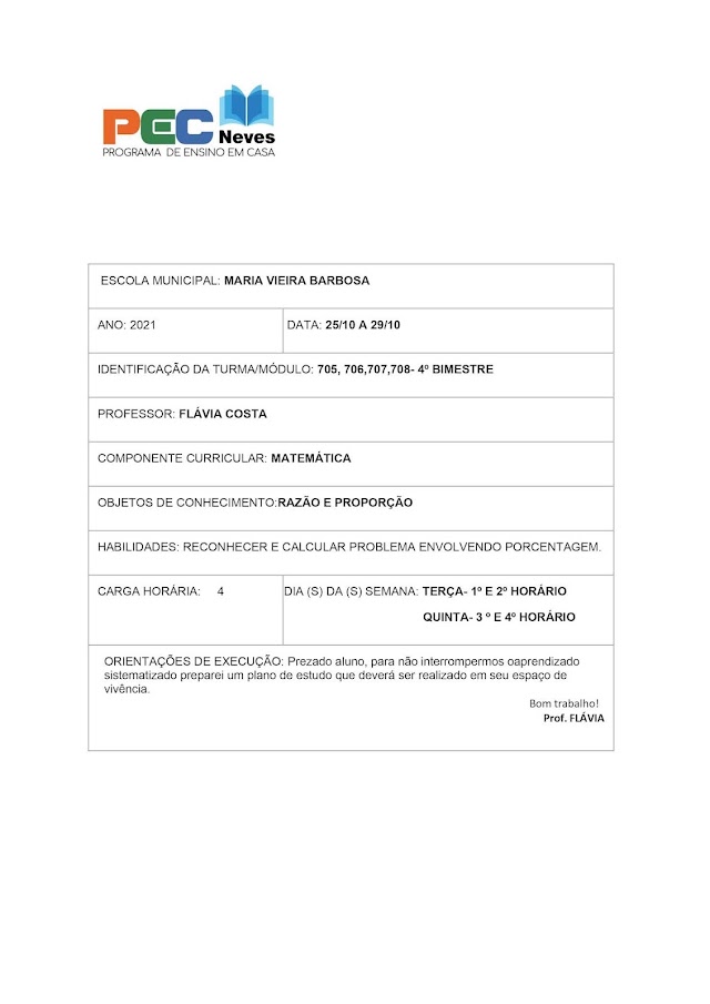 SEMANA 25/10 A 29/10- MATEMÁTICA- FLÁVIA