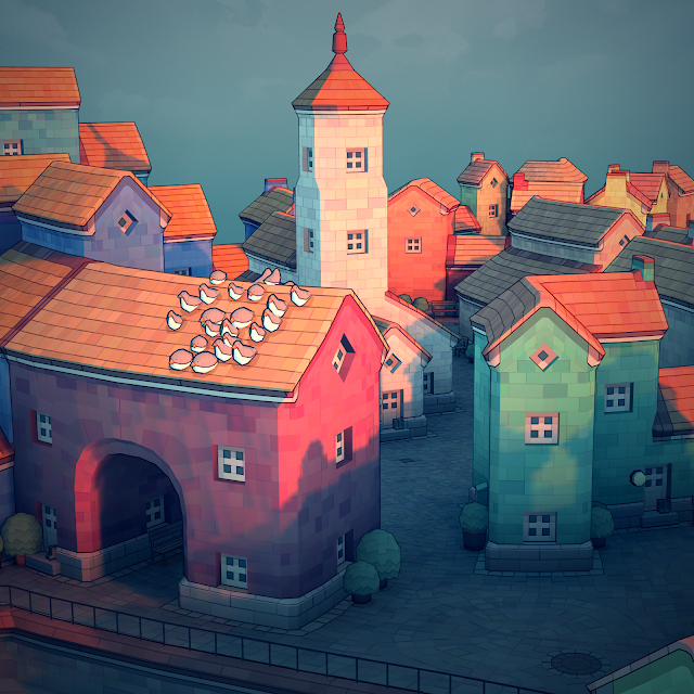 Screenshot of a town at sunset in Townscaper