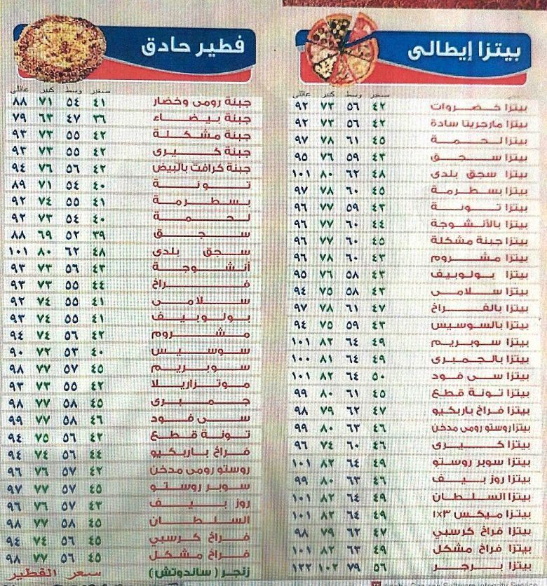 منيو وفروع «بيتزا السلطان» في مصر , رقم التوصيل والدليفري