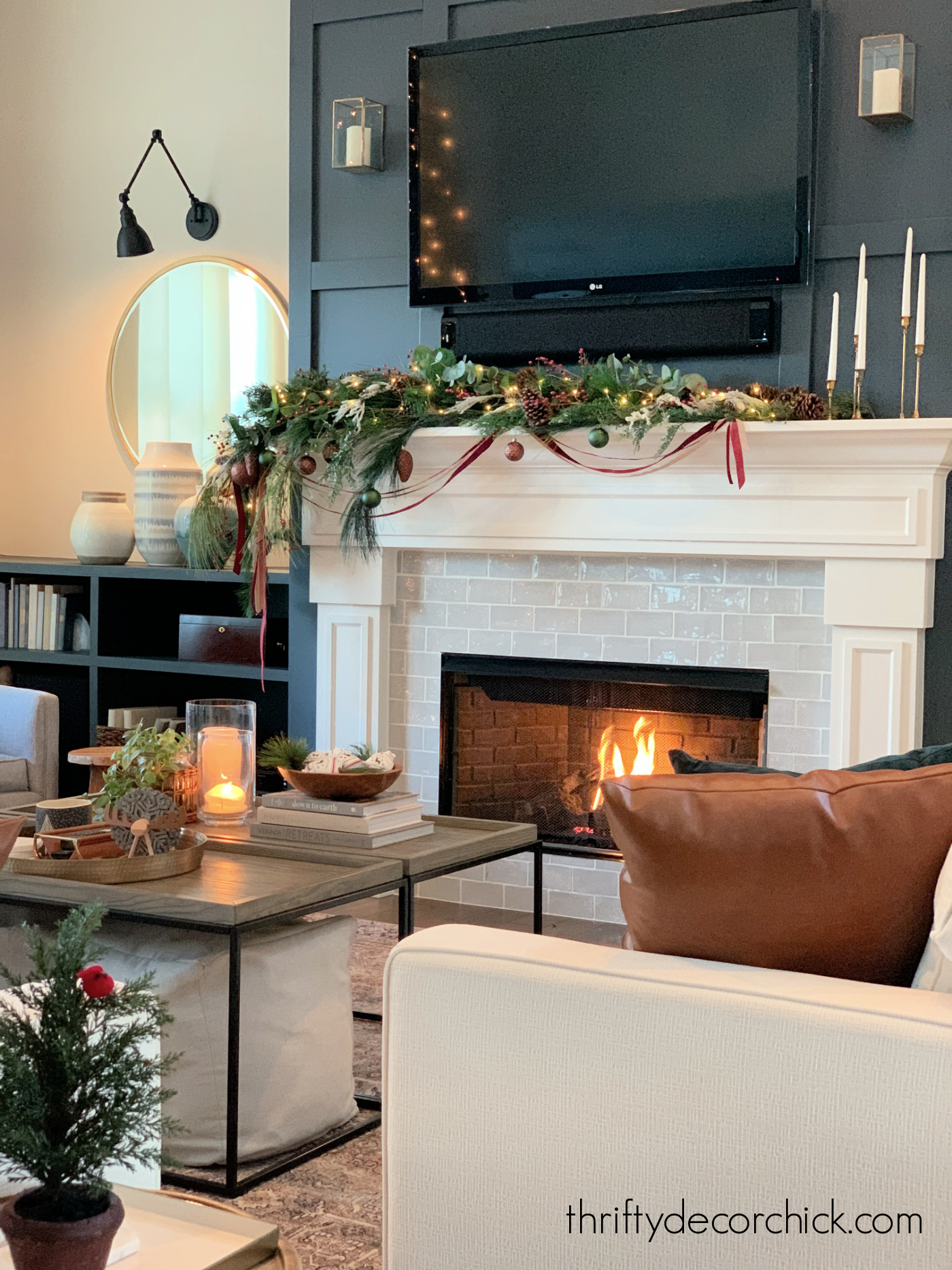 gray tile surround white mantel