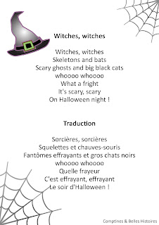 Witches, witches Skeletons and bats Scary ghosts and big black cats whoooo whoooo What a fright It's scary, scary On Halloween night !  Traduction  Sorcières, sorcières  Squelettes et chauves-souris  Fantômes effrayants et gros chats noirs  whoooo whoooo  Quelle frayeur  C'est effrayant, effrayant  Le soir d'Halloween !