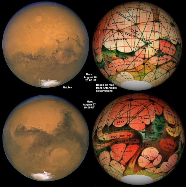 Слева — Марс, как его видит телескоп Хаббл, справа — как видели Марс астрономы конца XIX века