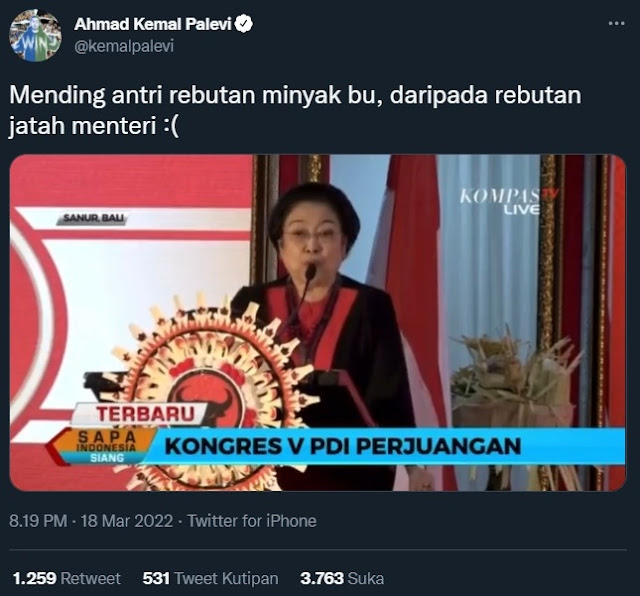Ketua Umum PDIP Megawati Soekarnoputri menanggapi kelangkaan minyak goreng yang membuat i Mending antri rebutan minyak bu, daripada rebutan jatah menteri...