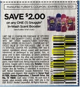 $2.00 off one Snuggle In-wash Scent Boosters Coupon from "SAVE" insert week of 10/21/21.