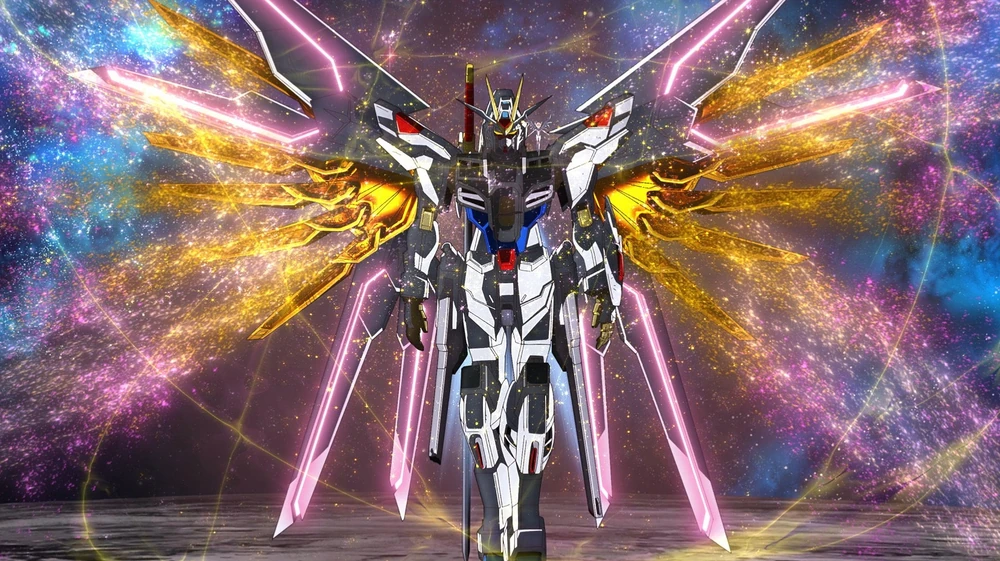 l Mighty Strike Freedom Gundam con alas desplegadas, emitiendo grandes cantidades de nanopartículas.