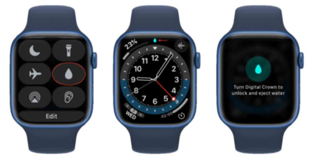 ثلاثة نماذج بالأحجام الطبيعية لـ Apple Watch توضح كيفية إخراج الماء من Apple Watch