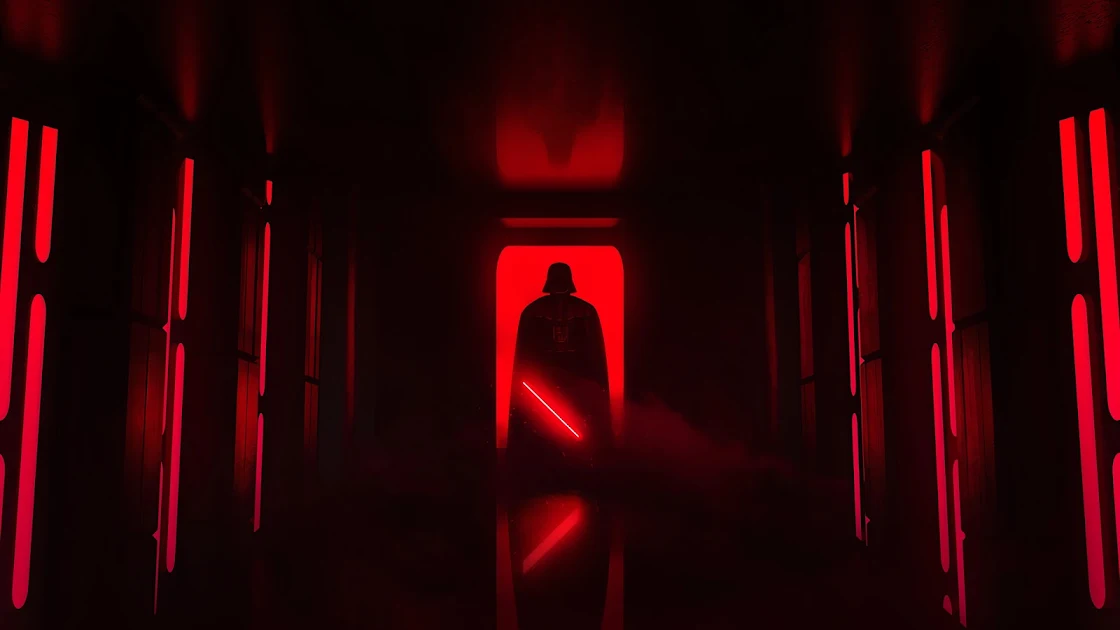 A menacing silhouette resembling Darth Vader stands amidst red neon lights, offering a 4K wallpaper that encapsulates the enigmatic aura of a sci-fi legend.