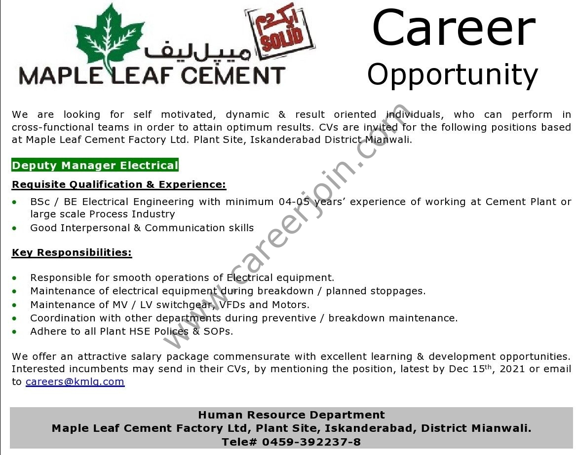 Maple Leaf Cement Pvt Ltd Jobs Deputy Manager Electrical