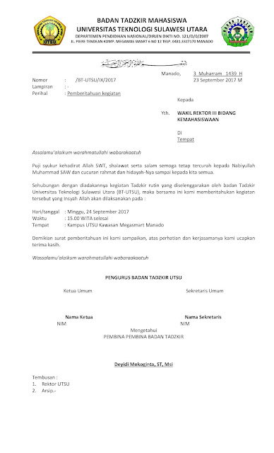 Contoh surat menyurat Badan Tadzkir UTSU
