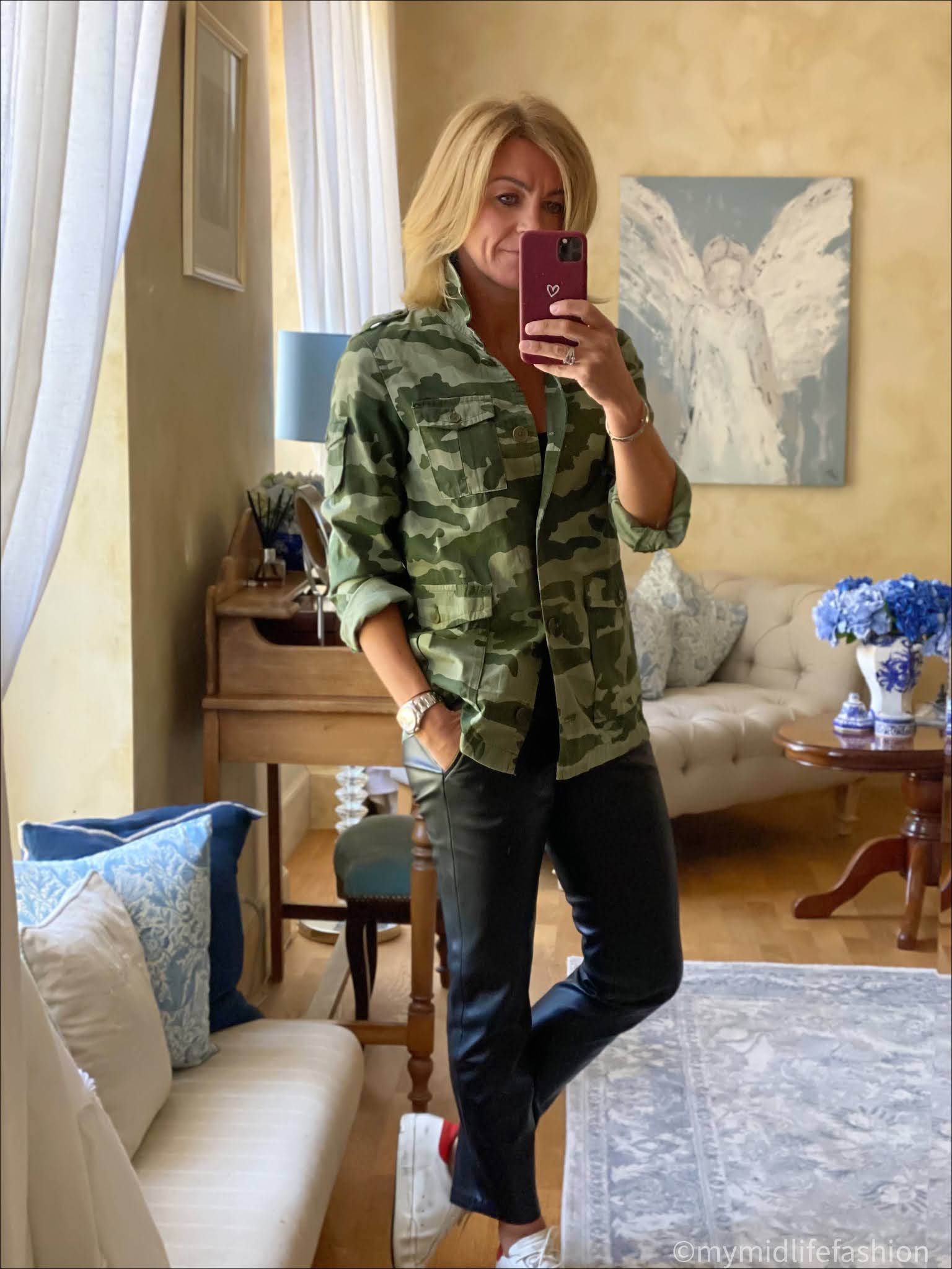 my midlife fashion, j crew camouflage jacket, and other stories ribbed tank top, Zara faux leather trousers, golden goose superstar low top leather trainers