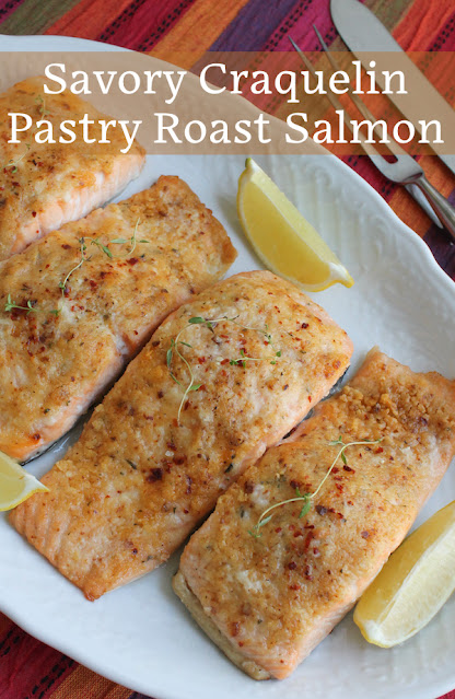 Food Lust People Love: The topping on this Savory Craquelin Pastry Roast Salmon is a great way to add flavor and also make sure roast salmon doesn’t dry out in the oven. It's flavored with garlic, thyme, smoked sea salt flakes, aleppo pepper and just a sprinkle of nutmeg.