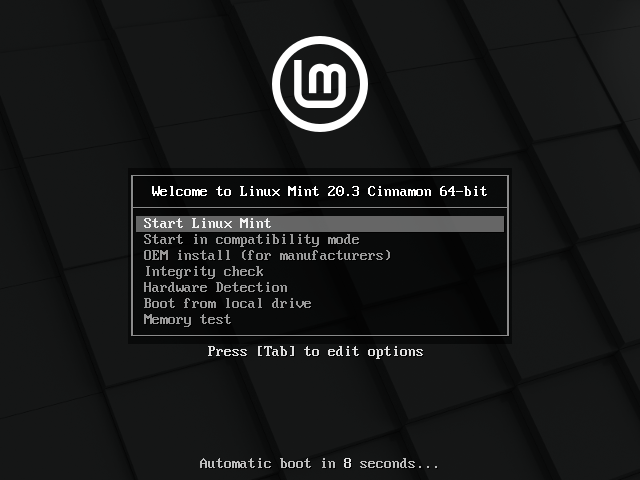 Pantalla de inicio de Linux MInt