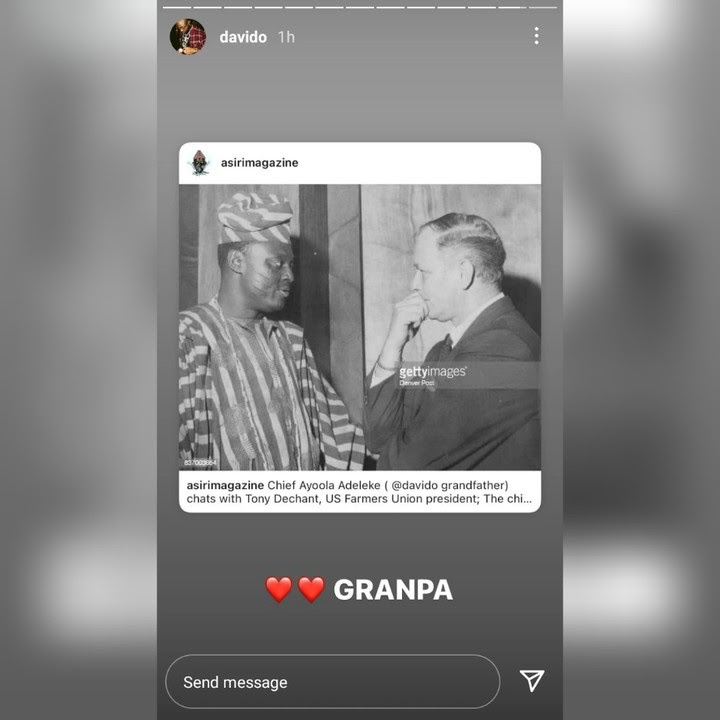 Davido reacts to photo of his grandfather with US Farmers Union President in 1967