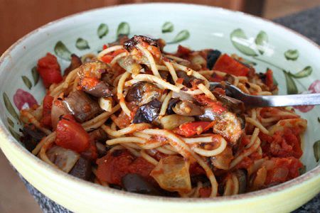 Sunday Dinner: Pasta with Roasted Vegetables and Tomato Sauce