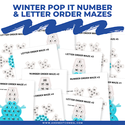 Winter pop it number and letter order mazes pack for kids