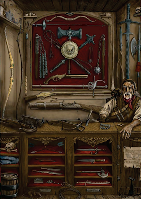 A white bearded shopkeeper is surrounded by his wares, nasty of melee and weapons of all shapes and sizes. A pet rat rests on his shoulder.