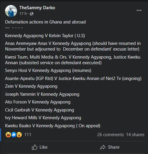 List of Kennedy Agyapongs defamation suits against him
