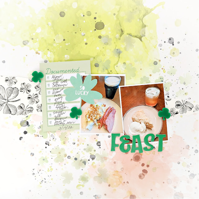 Irish Feast Mixed Media Scrapbook Layout with Lucky Green Shamrocks and Gold Ink Splatters