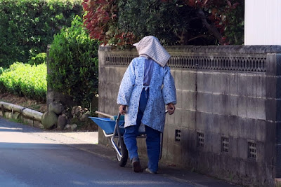 カバー写真：一輪車を押す老人の写真