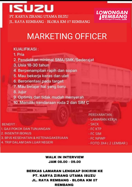 Lowongan Kerja Marketing Officer PT Karya ZIrang Utama Isuzu Rembang