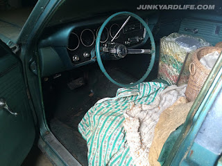Blanket covers seat on 1966 Pontiac Tempest pulled from garage after 28 years.