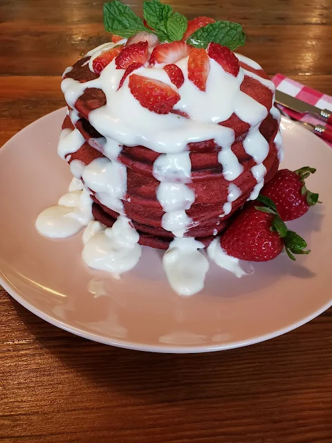 Red Velvet Pancakes with Sweet Cheese Glaze at Miz Helen's Country Cottage