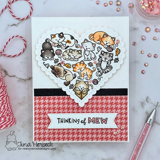 Thinking of Mew Cat Card by Tina Herbeck | Heartfelt Meows Stamp Set, Heart Frames Die Set, Love & Meows Paper Pad and Banner Trio Die Set by Newton's Nook Designs
