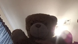 A stuffed teddy bear's face. There is a fan in the background.