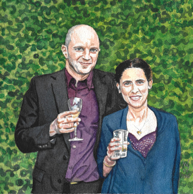 Watercolour of a man and a woman standing and holding glasses in front of camouflage, "Y. et C." by William Walkington in 2016