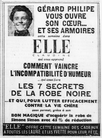 Publicité pour Elle avec un article sur Gérard Philipe en 1948