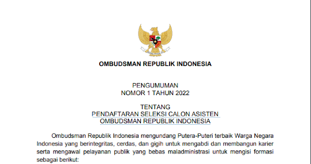 Pendaftaran Seleksi Calon Asisten Ombudsman Republik Indonesia