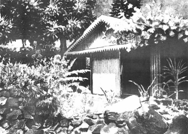 Black and white scan of a watercolour of a little house in a tropical garden, "Case de Grand Bassin," by William Walkington