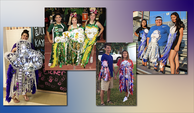 A black-and-white mum design the shape of Texas, held by its creator; a trio of “MHS” mums wearers in green, gold, and white; elaborate, red-white-and-blue coordinated garter and mum; and a trio of “Lobos” boosters sport blue, silver and white mums.