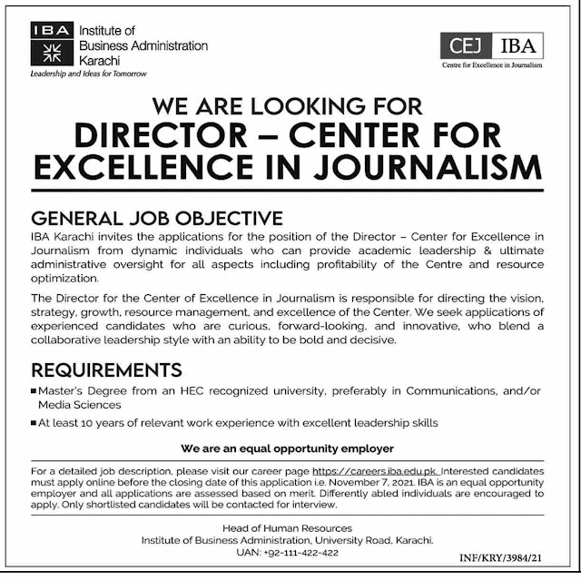 Institute of Business Administration Karachi Looking for  Director – Center for Excellence in Journalism