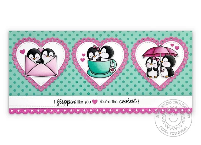 Sunny Studio Penguin Love Themed Slimline Valentine's Day Card (using Passionate Penguins Stamps, Background Basics, Scalloped Heart Dies, Stitched Heart 2 Dies & Slimline Basic Border Dies)