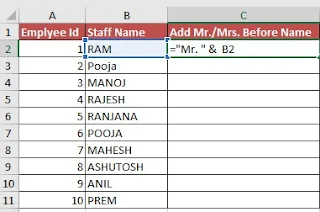 How to Add Mr and Mrs in Excel before Names in Hindi