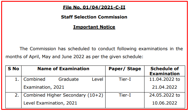 SSC CGL & CHSL (10+2) 2021 Exam Schedule