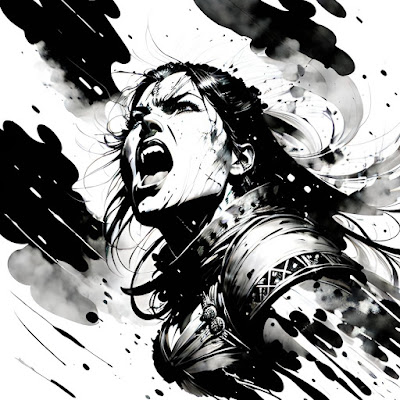 A black and white drawing of Aliasbe screaming silently into the sky