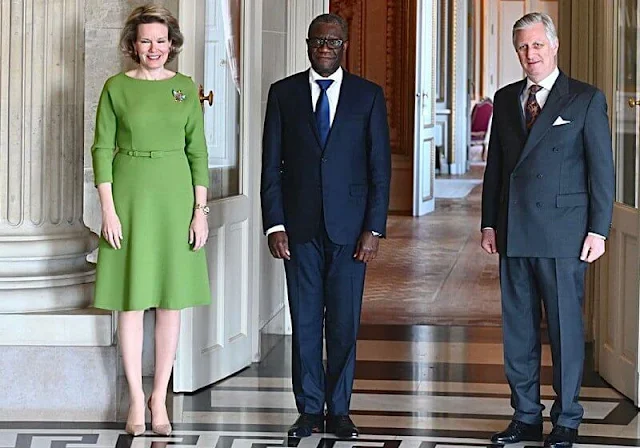 Queen Mathilde wore a green wool midi dress by Natan. Dr Denis Mukwege received the Nobel Peace Prize