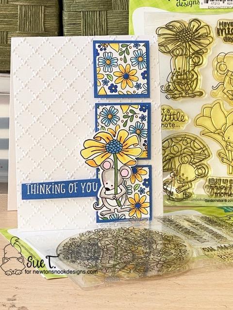 Thinking of you by Sue T. features Floral Roundabout stamp set and  Garden Mice stamp and die set  by Newton's Nook Designs; #inkypaws, #newtonsnook, #springcards, #cardmaking