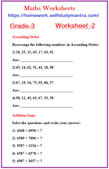 Maths Worksheet for Class 3: Exercise 2, Grade 3 Maths Worksheet