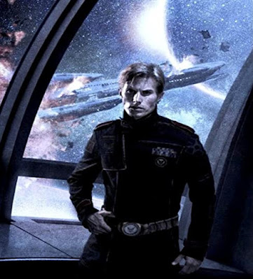 Painting of a blonde space officer looking serious as a space battle rages behind him in the window