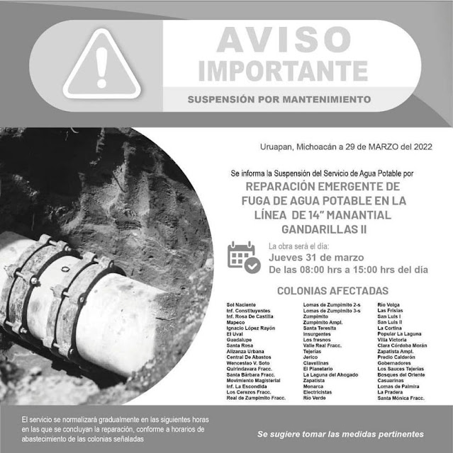 Este jueves 31 suspenderán el agua en 51 colonias de Uruapan. Mira cuáles son.